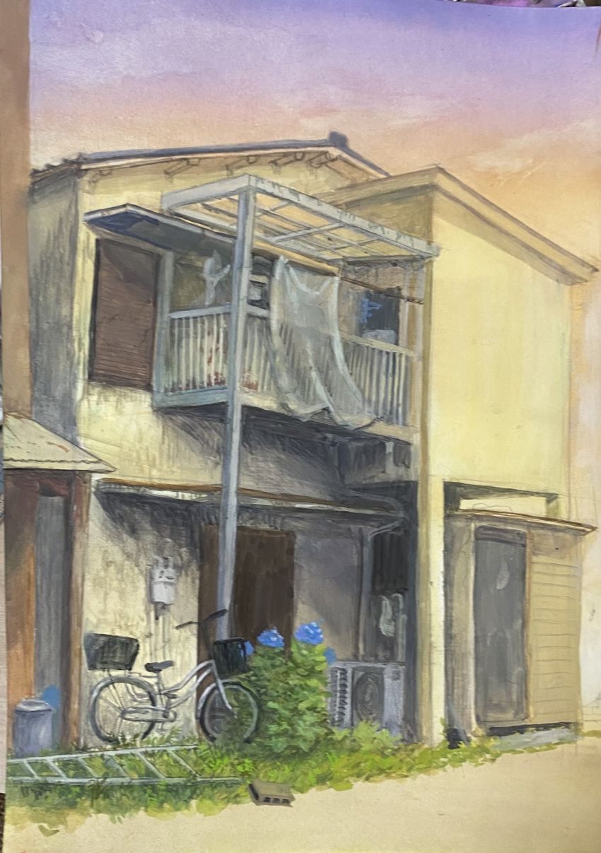 air_conditioner balcony bicycle bicycle_basket blue_flower building door flower grass highres hkwryyy_pepe house ladder no_humans original painting_(medium) plant recycle_bin sky traditional_media