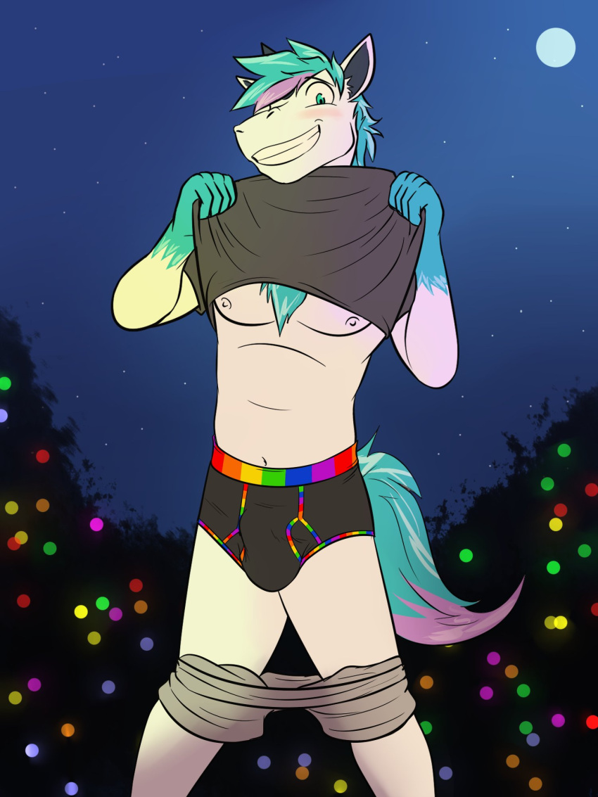 anthro anthrofied black_briefs black_clothing black_underwear blush bottomwear bottomwear_down briefs bulge clothed clothing clothing_lift exhibitionism full_moon fuze galarian_form galarian_ponyta genital_outline hi_res looking_at_viewer male moon multicolored_briefs multicolored_clothing multicolored_underwear night nintendo nipples outside pantsless partially_clothed penis_outline pokemon pokemon_(species) pokemorph rainbow_briefs rainbow_clothing rainbow_underwear regional_form_(pokemon) shirt shirt_lift shorts shorts_down solo topwear underwear