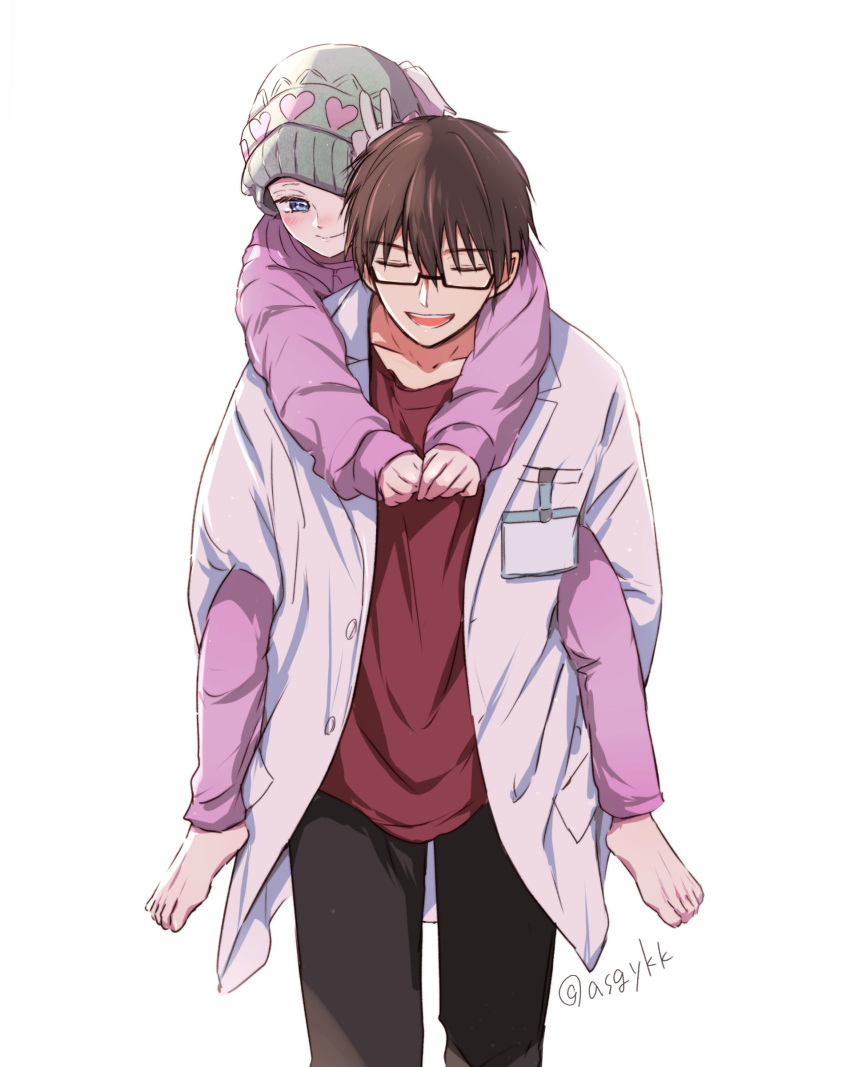 1boy 1girl absurdres amamiya_gorou asgykk barefoot beanie black_pants blue_eyes brown_hair carrying closed_eyes commentary_request doctor glasses hair_ornament hat highres lab_coat open_mouth oshi_no_ko pajamas pants piggyback pink_pajamas placard rabbit_hair_ornament red_shirt shirt sign signature smile teeth tendouji_sarina