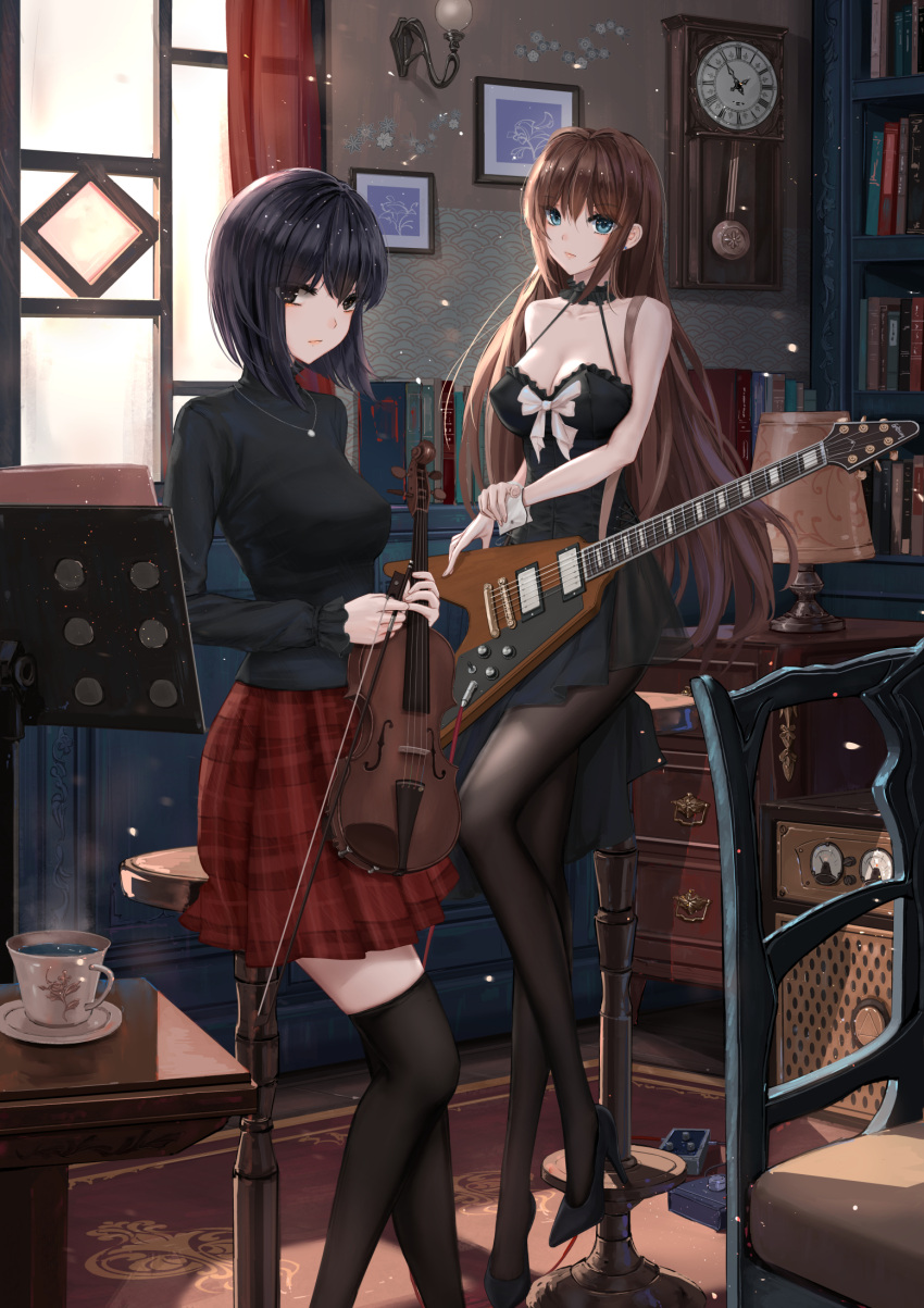 2girls aozaki_aoko bare_shoulders black_dress black_footwear black_hair black_pantyhose black_sweater black_thighhighs blue_eyes book bookshelf bow breasts brown_eyes brown_hair chair cleavage clock closed_mouth collarbone cup dress electric_guitar expressionless feet_out_of_frame guitar high_heels highres holding holding_instrument indoors instrument jewelry kuonji_alice lamp long_hair long_sleeves looking_at_viewer mahou_tsukai_no_yoru multiple_girls necklace own_hands_together pantyhose plaid plaid_skirt red_skirt short_hair skirt sleeveless sleeveless_dress standing steam sweater teacup thighhighs very_long_hair violin white_bow window wrist_cuffs yuzuriha_(atelier_liang) zettai_ryouiki