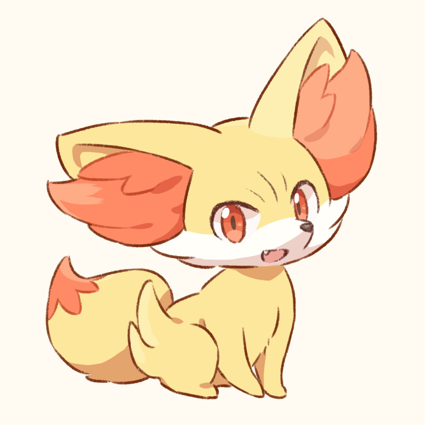 animal_ear_fluff animal_focus commentary_request fang fennekin full_body happy highres looking_at_viewer neko_gyoza no_humans open_mouth partial_commentary pokemon pokemon_(creature) red_eyes simple_background sitting smile solo