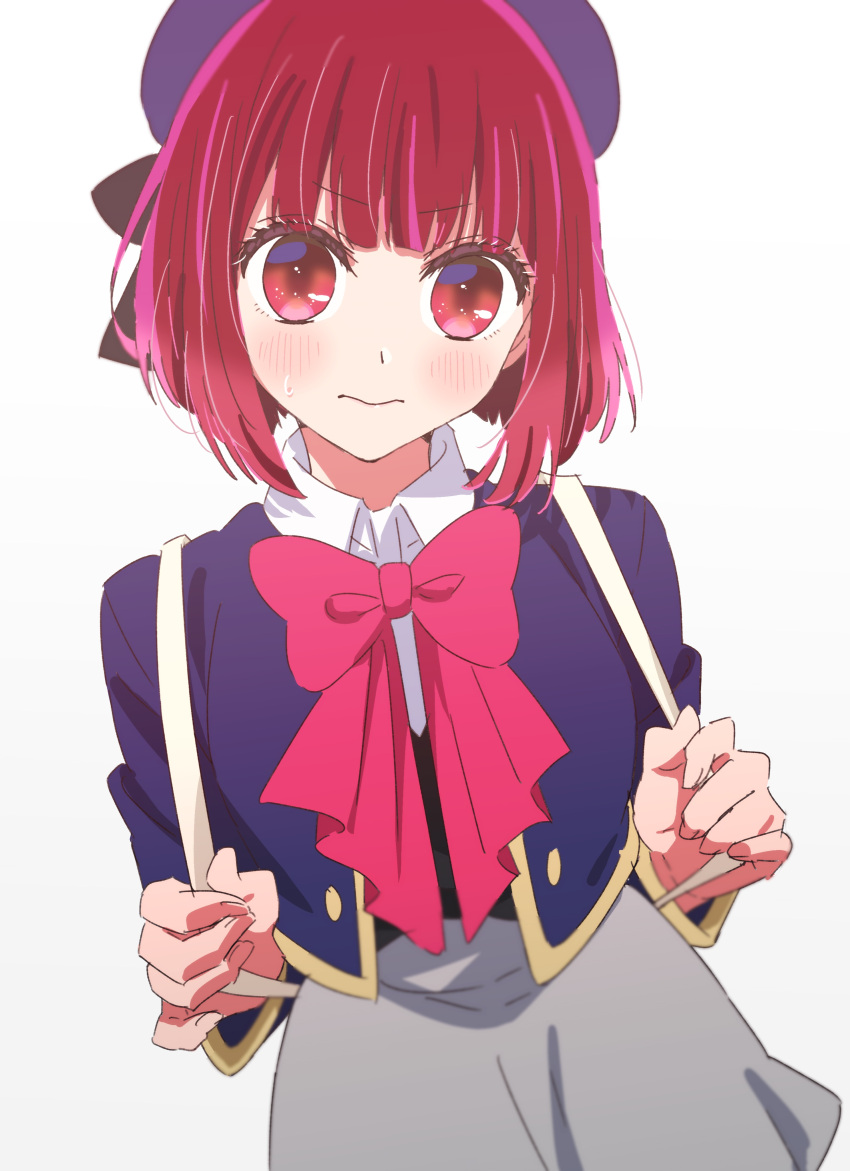 1girl absurdres arima_kana beret blue_headwear blue_jacket blunt_bangs bob_cut bow buttons closed_mouth collared_shirt commentary_request cropped_jacket grey_skirt hat highres jacket long_sleeves looking_at_viewer oshi_no_ko pink_bow red_eyes red_hair school_uniform shirt short_hair simple_background skirt solo standing white_background white_shirt yokoyama_honoka youtou_high_school_uniform