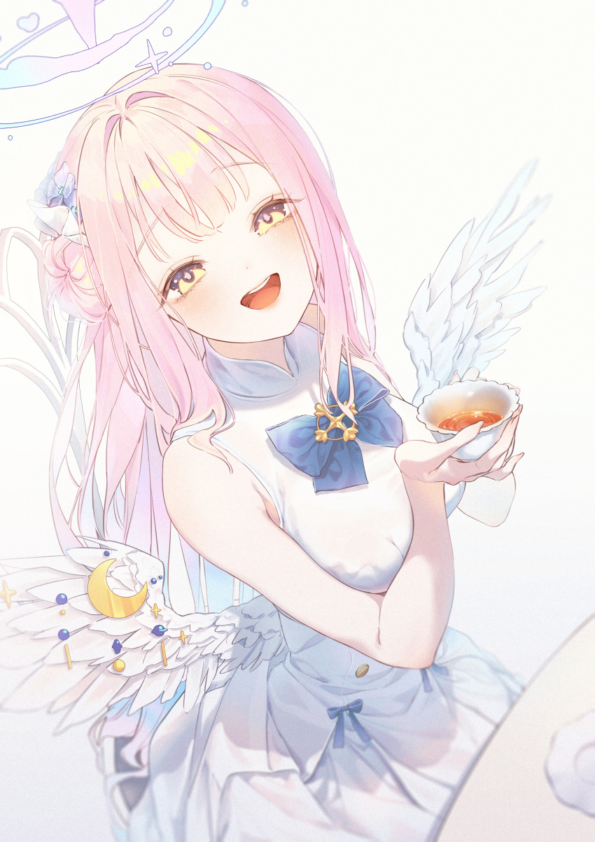 1girl :d absurdres amugae blue_archive cup dress gradient_background grey_background hair_bun halo highres holding holding_cup long_hair looking_at_viewer low_wings mika_(blue_archive) open_mouth pink_hair pink_halo single_hair_bun sleeveless sleeveless_dress smile solo teacup teeth upper_teeth_only white_dress white_wings wings yellow_eyes