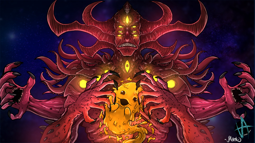 16:9 2022 4_arms 7_claws 7_eyes 7_fingers 7_horns ambiguous_gender arm_spikes artist_logo artist_name back_tentacles beady_eyes black_claws black_eyes black_mouth black_pupuils chest_eye claws clenched_teeth colored cosmic_background curved_horn deity demon detailed digital_media_(artwork) digital_painting_(artwork) duo eldritch_abomination father_(lore) father_and_child_(lore) featureless_hands feral finger_claws fingers glowing_etes goo_creature grimace hand_mouth hi_res horn horned_humanoid humanoid larger_humanoid larger_male logo long_horn male markoriginals multi_arm multi_eye multi_fingers multi_horn multi_limb multi_mouth multi_tentacle open_:3 orange_body orange_goo parent_(lore) parent_and_child_(lore) pupils purple_background red_body red_eyes red_horn red_skin red_spikes red_tentacles ribs scarlet_king scp-999 scp_foundation shaded sharp_claws sharp_horn signature simple_background size_difference smaller_ambiguous smaller_feral spikes spikes_(anatomy) suckers teeth tentacles vertical_eyes widescreen yellow_eyes yellow_glow yellow_sclera