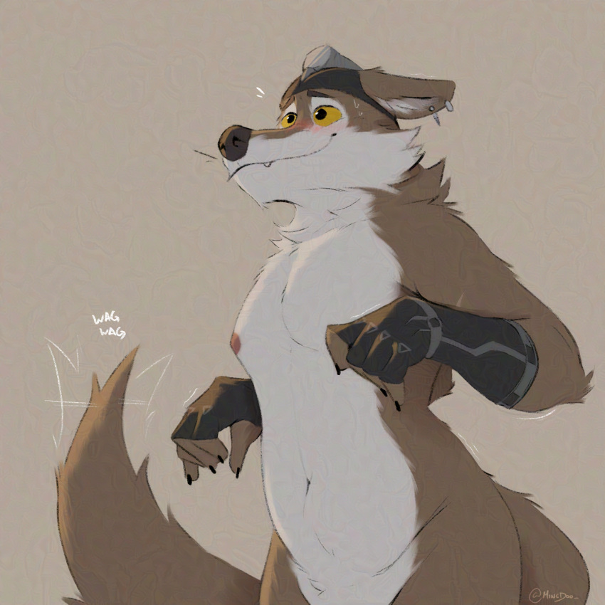 2023 5_fingers absurd_res anthro areola black_nose brown_body brown_fur canid canine canis clothing ear_piercing epic_games fingerless_gloves fingers fortnite fur gloves handwear hi_res male mammal minedoo navel piercing slightly_chubby solo tail tail_motion tailwag wendell_(fortnite) wolf yellow_sclera