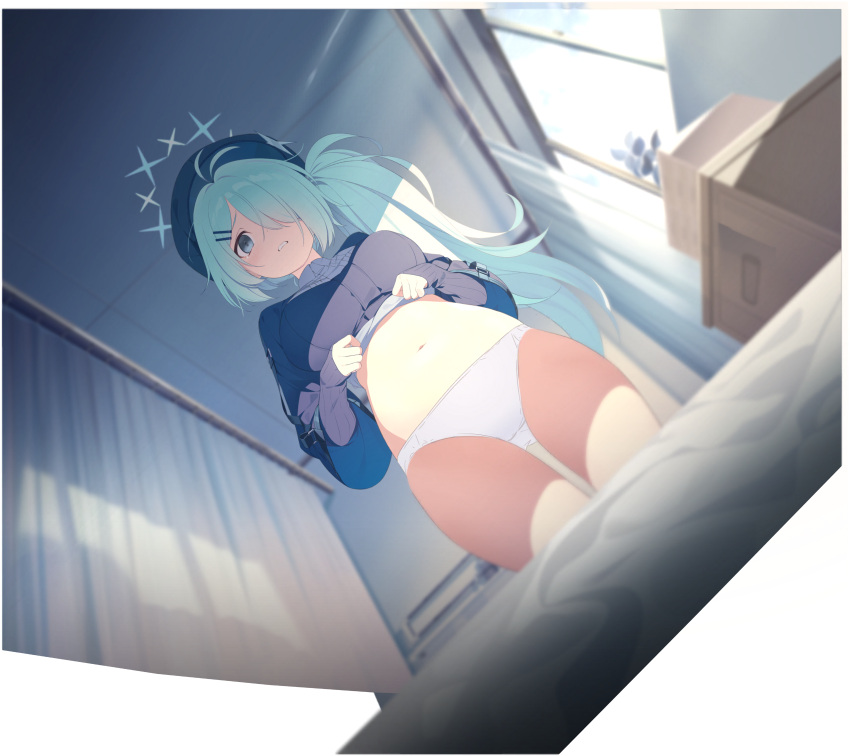 1girl 9ml absurdres blue_archive breasts cabbie_hat green_eyes hair_ornament hair_over_one_eye hairclip halo hat highres hiyori_(blue_archive) large_breasts long_hair long_sleeves looking_at_viewer navel non-web_source panties side_ponytail solo underwear white_panties