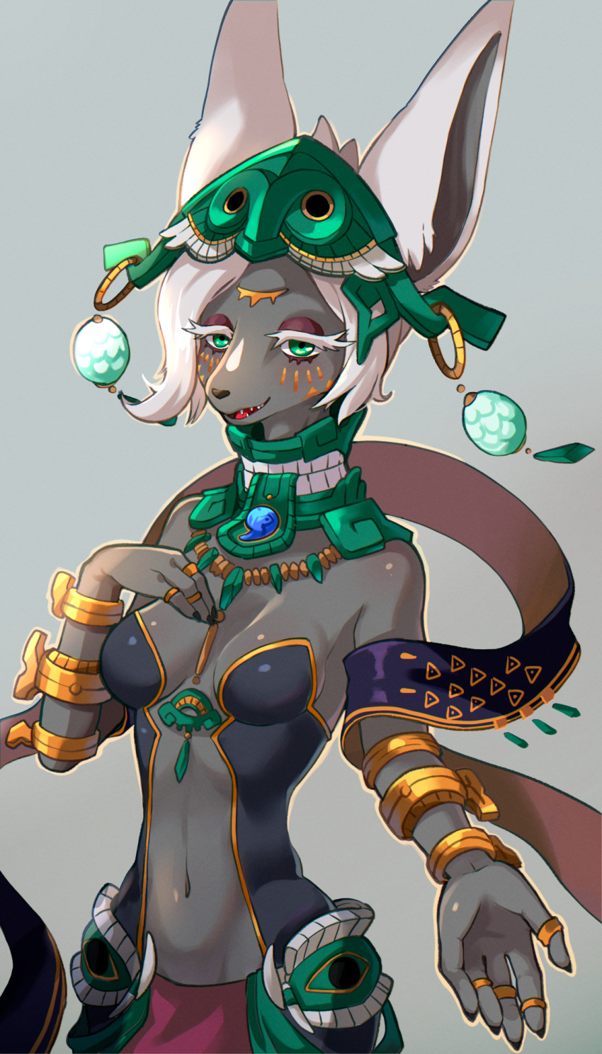 anthro armwear blush breasts chaora clothing female fur grey_body grey_fur hair hand_on_breast headgear headwear hi_res jewelry looking_at_viewer mammal mineru nail narrowed_eyes navel necklace nintendo ring smile solo tears_of_the_kingdom the_legend_of_zelda white_hair zonai