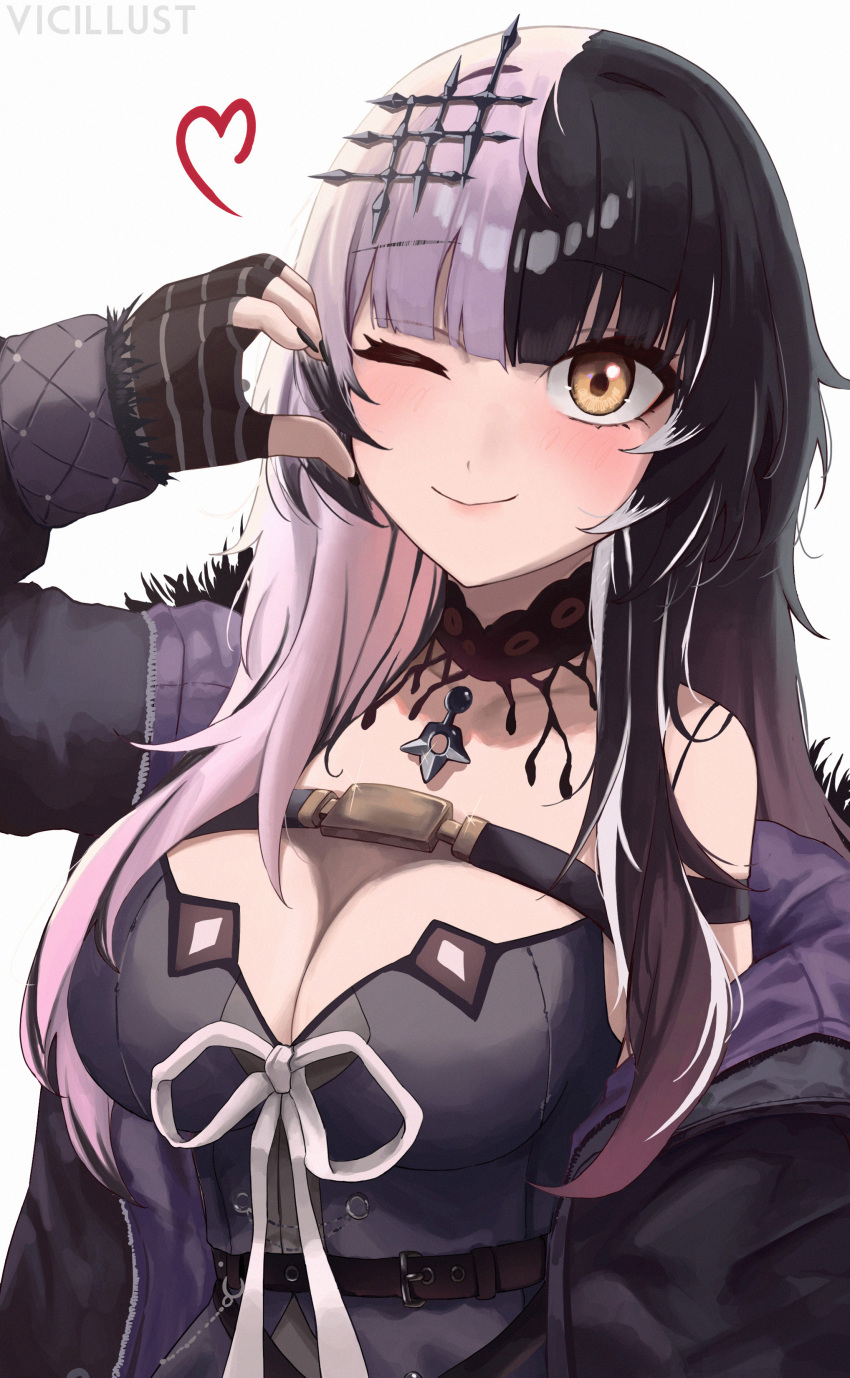 1girl ;) absurdres arm_strap artist_name belt black_belt black_choker black_coat black_dress black_hair black_nails blush breasts chest_belt choker cleavage closed_mouth coat commentary dress fingernails fur-trimmed_coat fur_trim grey_hair hair_ornament half-heart_hands hand_up heart highres hololive hololive_english lace lace_choker large_breasts long_fingernails long_hair long_sleeves looking_at_viewer multicolored_hair nail_polish off_shoulder one_eye_closed open_clothes open_coat shiori_novella simple_background smile solo split-color_hair striped_arm_warmers symbol-only_commentary two-tone_hair upper_body vicarious virtual_youtuber white_background yellow_eyes