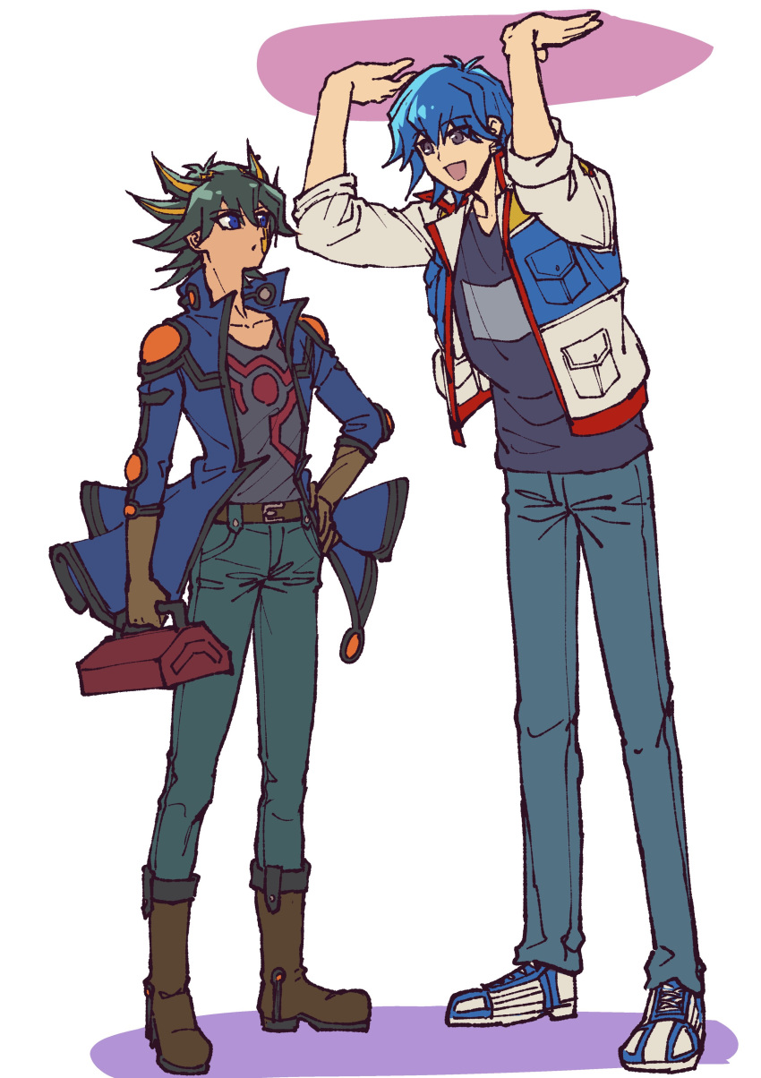 2boys :o absurdres arms_up belt black_hair black_shirt blue_eyes blue_footwear blue_hair blue_jacket blue_shirt boots box brown_eyes brown_footwear brown_gloves bruno_(yu-gi-oh!) denim elbow_gloves elbow_pads facial_mark facial_tattoo fudou_yuusei gloves green_pants hand_on_own_hip happy highres holding holding_box jacket jeans leather_belt male_focus multicolored_hair multiple_boys open_clothes open_jacket open_mouth pants shirt shoes short_hair shoulder_pads simple_background sleeves_rolled_up smile spiked_hair standing streaked_hair tattoo toolbox white_jacket youko-shima yu-gi-oh! yu-gi-oh!_5d's