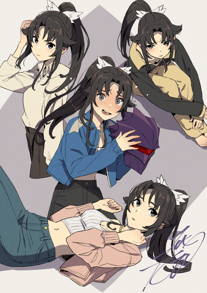 1girl @_@ barefoot black_hair black_pants black_shirt blue_jacket blush bow collage cropped_legs denim hair_bow hand_on_own_head helmet high_collar highres holding holding_helmet jacket jeans jewelry knees_up kobayashi_gen light_frown long_hair looking_at_viewer looking_to_the_side lying midriff navel necklace on_back pants parted_bangs pink_jacket ponytail school_girl_strikers shirt sidelocks signature simple_background sitting strapless sweatdrop tanaka_sachiko_(school_girl_strikers) tank_top tube_top wavy_mouth white_bow white_shirt white_tank_top wide-eyed yellow_pants