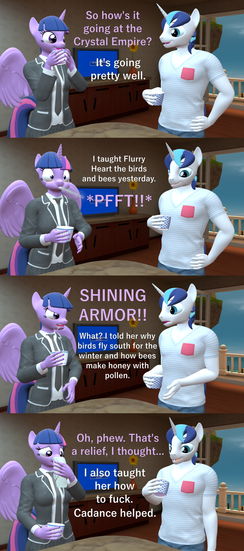 3d_(artwork) absurd_res anthro anthrofied brother brother_and_sister comic container cup dialogue digital_media_(artwork) duo equid equine female friendship_is_magic hasbro hi_res holding_container holding_cup holding_object horn male mammal my_little_pony papadragon69 shining_armor_(mlp) sibling sister spit-take twilight_sparkle_(mlp) unicorn winged_unicorn wings