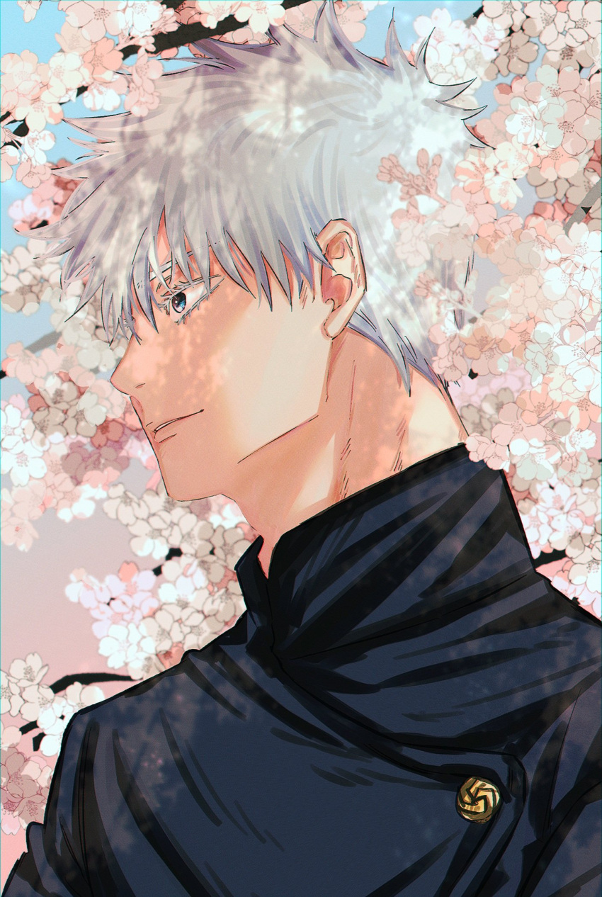 1boy black_jacket blue_eyes buttons cherry_blossoms commentary fushirun_rung gojou_satoru highres jacket jujutsu_kaisen long_sleeves looking_to_the_side male_focus outdoors parted_lips short_hair smile solo symbol-only_commentary white_hair