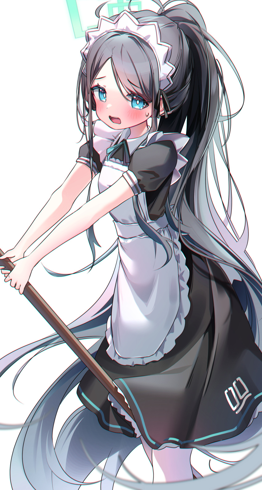 1girl absurdly_long_hair absurdres apron aris_(blue_archive) aris_(maid)_(blue_archive) black_dress black_hair blue_archive blue_eyes blush bright_pupils commentary dress feet_out_of_frame frilled_apron frills green_halo halo highres long_hair looking_at_viewer maid maid_apron maid_headdress md5_mismatch nyaruin open_mouth ringed_eyes short_sleeves simple_background solo symbol-only_commentary very_long_hair white_apron white_background white_pupils
