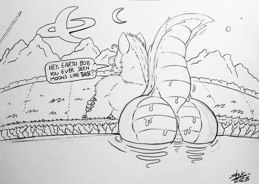absurd_res alien alien_planet antennae_(anatomy) anthro anus backsack balls ben_(skianous) butt butt_focus canid canine canis dialogue domestic_dog english_text genitals herding_dog hi_res hybrid male malinois_dog mammal monochrome moon mountain partially_submerged pastoral_dog planet raised_tail science_fiction sheepdog skianous solo tail talking_to_viewer text