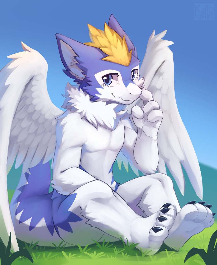 absurd_res anthro arm_tuft black_claws blue_body blue_eyes blue_fur blue_sky blue_tail cheek_tuft claws closed_smile dragon elbow_tuft facial_tuft feathers full-length_portrait fur furred_dragon glistening glistening_eyes grass hi_res inner_ear_fluff kuttoyaki looking_at_viewer male mouth_closed nude outside plant portrait shoulder_tuft sitting sky slight_smile solo tail tuft white_body white_feathers white_fur white_inner_ear_fluff white_tail white_wings wings