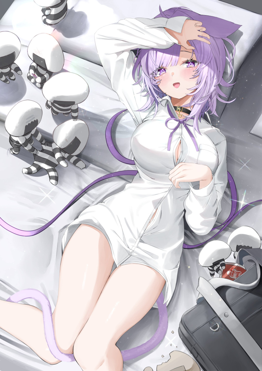 1girl absurdres animal_ears arm_up bag black_collar blush breasts button_gap cat_ears cat_girl cat_tail cleavage collar collared_shirt commentary_request highres hololive kamioka_shun'ya large_breasts long_hair long_sleeves looking_at_viewer lying naked_shirt neck_ribbon nekomata_okayu nekomata_okayu_(4th_costume) official_alternate_costume on_back on_bed open_mouth partially_unbuttoned pillow purple_eyes purple_hair purple_ribbon ribbon school_bag shirt smile solo tail virtual_youtuber white_shirt