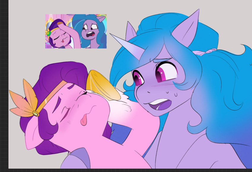 aztrial blue_hair duo equid equine fainting female gradient_hair hair hasbro headpiece hi_res holding_character hooves izzy_moonbow_(mlp) leg_markings mammal markings mlp_g5 my_little_pony pipp_petals_(mlp) redraw socks_(marking) tongue tongue_out