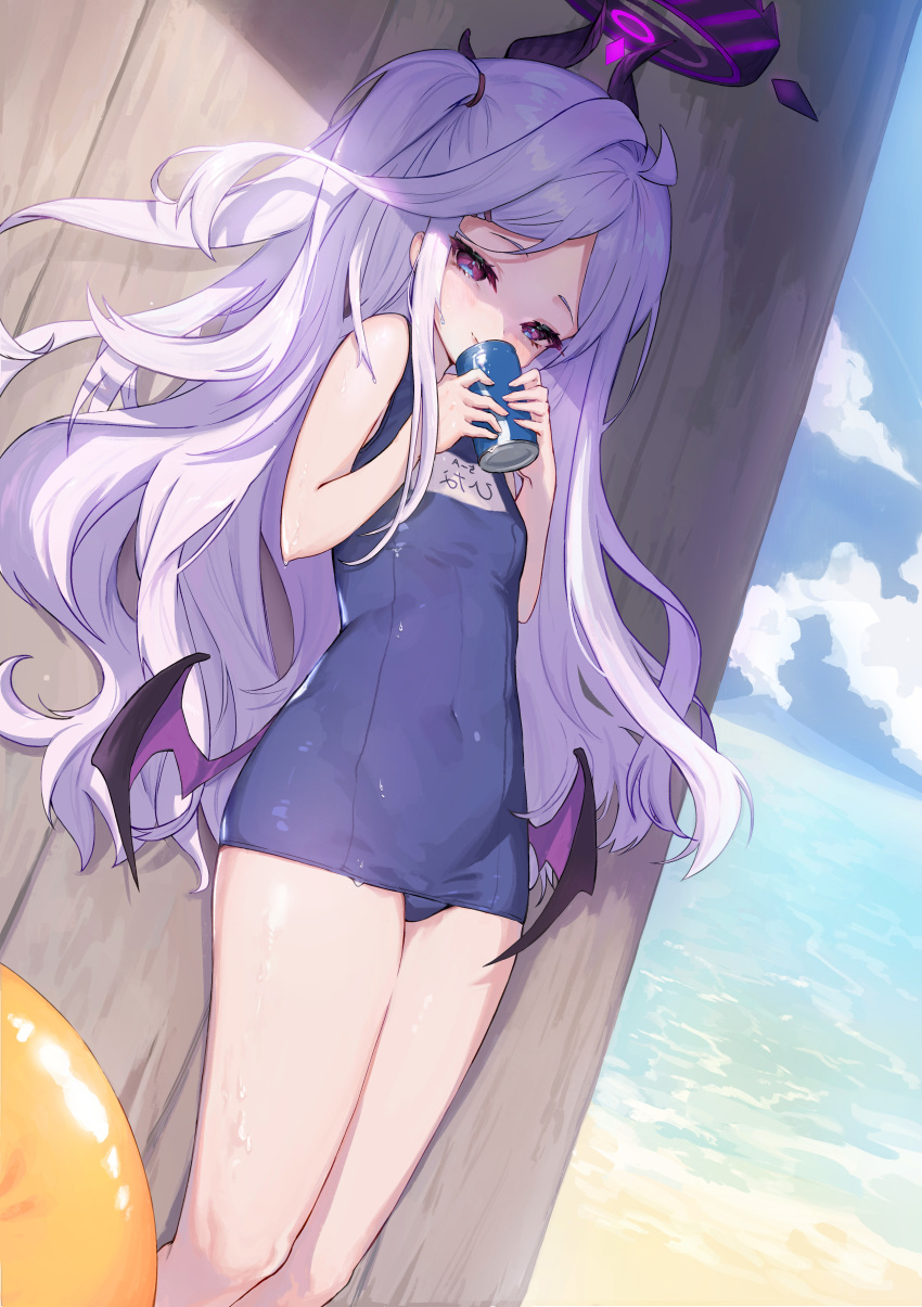 1girl absurdres bare_arms bare_legs beach blue_archive blue_one-piece_swimsuit blue_sky breasts can closed_mouth cloud covered_navel day demon_horns demon_wings halo highres hina_(blue_archive) hina_(swimsuit)_(blue_archive) holding holding_can horns light_purple_hair long_hair looking_at_viewer narrowed_eyes ocean one-piece_swimsuit one_side_up outdoors picdung purple_eyes sand school_swimsuit sky small_breasts smile swimsuit very_long_hair water wavy_hair wings