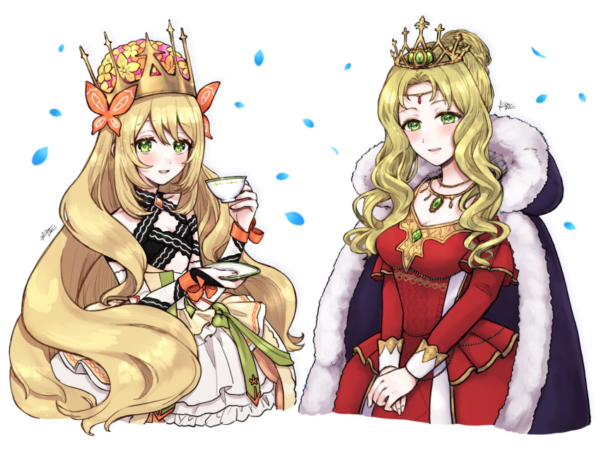 2girls blonde_hair bow butterfly_hair_ornament cape celine_(fire_emblem) circlet crown cup detached_sleeves dress dress_bow fire_emblem fire_emblem:_the_binding_blade fire_emblem_engage fire_emblem_heroes frilled_dress frills fur_trim gem gold_trim green_eyes guinevere_(fire_emblem) hair_ornament highres holding holding_cup jewelry long_hair long_sleeves misato_hao multiple_girls necklace ribbon smile teacup very_long_hair wavy_hair white_background