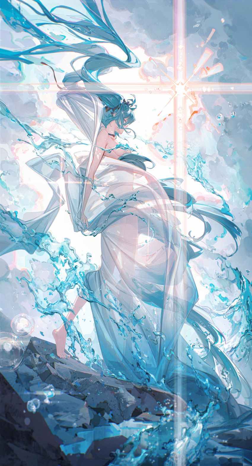 1girl 39 absurdly_long_hair absurdres aqua_hair bow breasts full_body hair_bow hatsune_miku hatsune_miku_happy_16th_birthday_-dear_creators- highres long_hair miku_day nude rock see-through solo standing twintails very_long_hair vocaloid water ying_yi