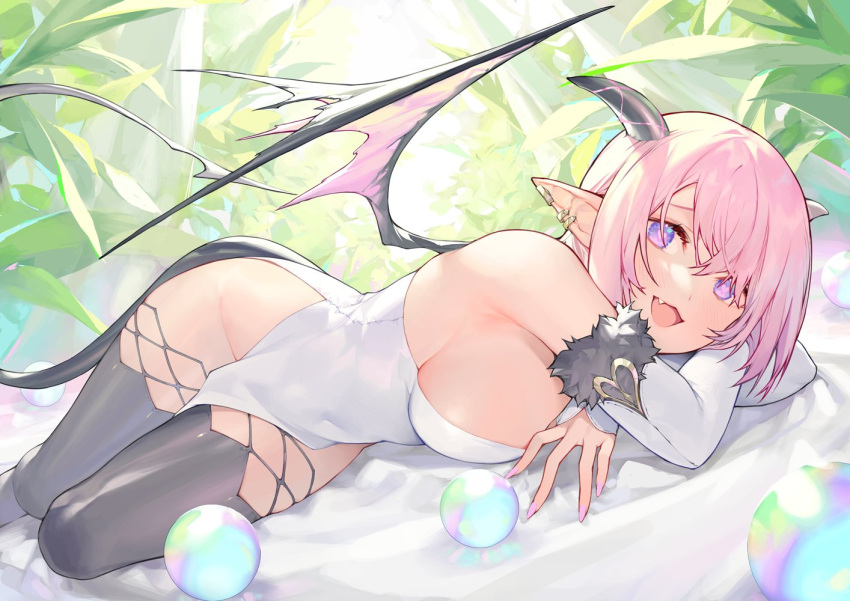 1girl black_thighhighs blush breasts demon_girl demon_horns demon_tail demon_wings detached_sleeves dress ear_piercing fang hair_between_eyes heart heart-shaped_pupils horns large_breasts looking_at_viewer lying nail_polish noy open_mouth original piercing pink_hair pink_nails plant pointy_ears purple_eyes purple_hair short_hair sideboob solo symbol-shaped_pupils tail thighhighs white_dress wings