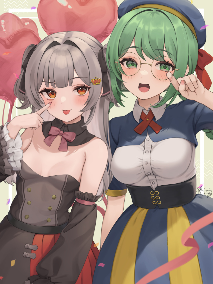 2girls absurdres balloon bare_shoulders beret black_ribbon blue_headwear blush bow bowtie braid breasts buttons collared_dress commentary_request confetti detached_collar detached_sleeves dress finger_to_eye glasses green_eyes grey_hair hair_intakes hair_ribbon hanazawa_ma hand_up hat heart_balloon highres large_breasts layered_sleeves lensless_glasses long_hair long_sleeves looking_at_viewer multiple_girls open_mouth orange_eyes original pink_bow pink_bowtie ribbon round_eyewear strapless strapless_dress tongue tongue_out twin_braids two_side_up