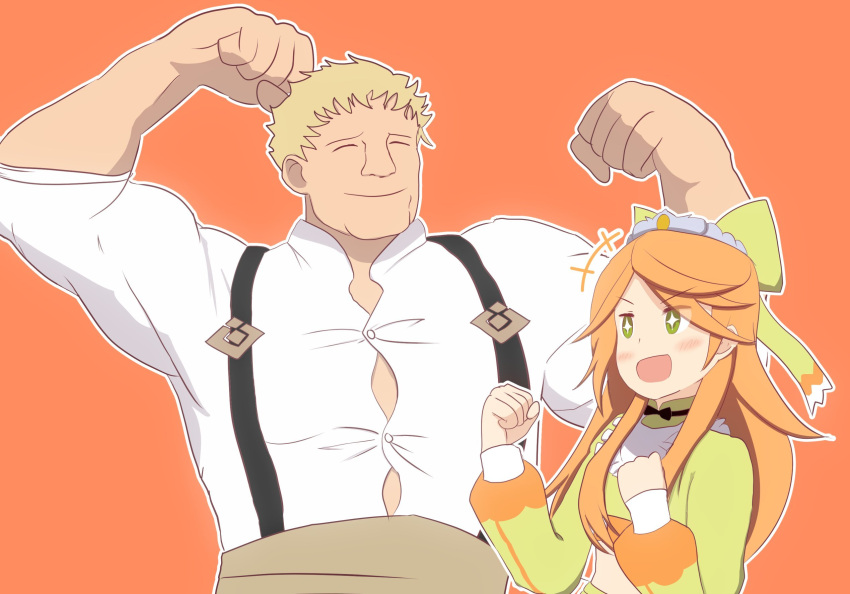 1boy 1girl blonde_hair bow etie_(fire_emblem) fire_emblem fire_emblem:_three_houses fire_emblem_engage green_bow highres kurakuru muscular muscular_male open_mouth orange_hair raphael_kirsten suspenders tiara upper_body