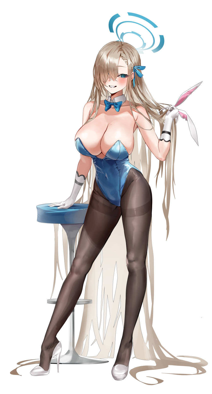 1girl absurdly_long_hair absurdres animal_ears armpits asuna_(blue_archive) asuna_(bunny)_(blue_archive) bare_shoulders blonde_hair blue_archive blue_eyes blue_leotard bow bowtie breasts brown_pantyhose cleavage contrapposto covered_navel detached_collar fake_animal_ears full_body gloves grin hair_over_one_eye hair_ribbon hairband hairband_removed halo hand_up high_heels highleg highleg_leotard highres large_breasts legs leotard long_hair long_legs looking_at_viewer mole mole_on_breast official_alternate_costume pantyhose playboy_bunny rabbit_ears ribbon skindentation smile solo standing stool strapless strapless_leotard thighband_pantyhose thighs very_long_hair white_footwear white_gloves white_hairband yerim