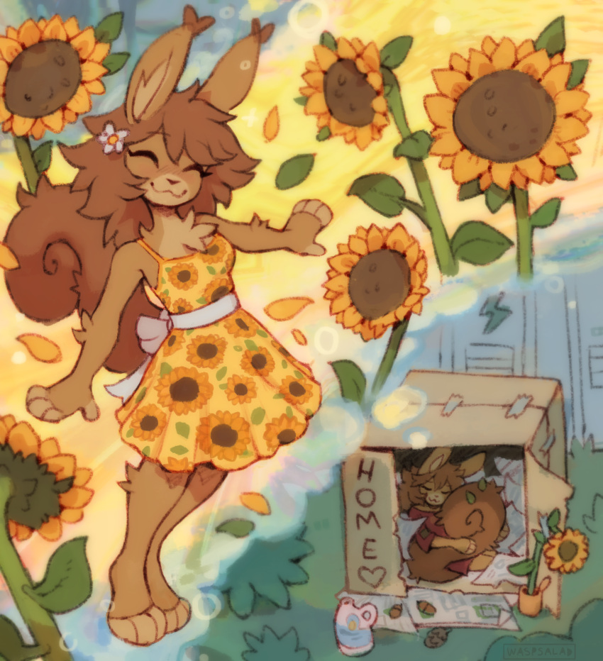 accessory anthro cardboard chest_tuft clothed clothing dream dress ear_tuft eyes_closed female flower flower_in_hair hair hair_accessory happy hi_res holly_(waspsalad) homeless mammal outside paws petals plant rodent sciurid smile solo sunflower tree_squirrel tuft waspsalad