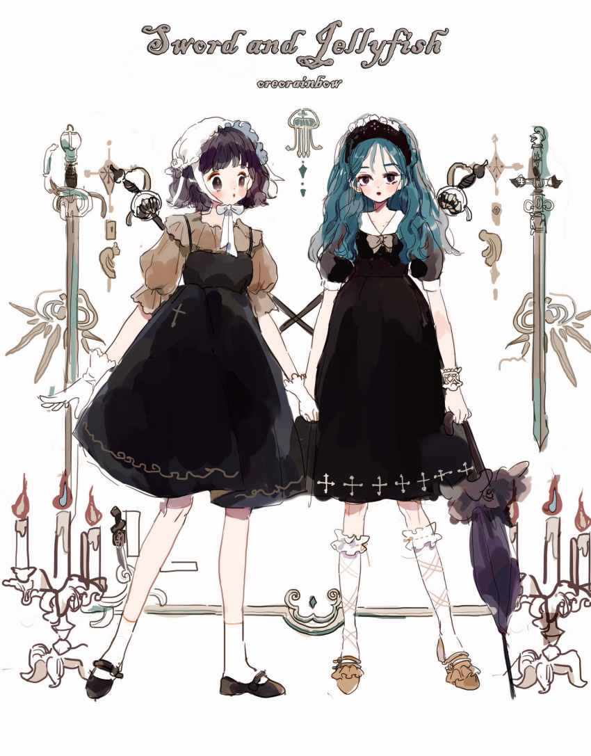 2girls :o ankle_socks artist_name black_dress black_eyes black_eyeshadow black_footwear black_hairband blue_hair blunt_bangs blush_stickers bonnet bow bowtie bracelet brown_bow brown_bowtie brown_eyes brown_eyeshadow brown_footwear brown_shirt candelabra candle candlestand closed_mouth collar collarbone collared_dress commentary cross_print dress english_commentary english_text expressionless eyelashes eyeshadow frilled_footwear frilled_hairband frilled_headwear frilled_shirt frilled_sleeves frilled_socks frills full_body gloves gothic_lolita hairband highres holding holding_hands holding_umbrella jellyfish jewelry kneehighs lolita_fashion lolita_hairband looking_at_viewer makeup mary_janes medium_dress medium_hair multiple_girls neck_ribbon original parasol parted_lips puffy_short_sleeves puffy_sleeves purple_hair purple_umbrella putong_xiao_gou rapier red_lips ribbon ribbon-trimmed_socks shirt shoes short_hair short_sleeves sleeveless sleeveless_dress socks spaghetti_strap sword umbrella weapon weapon_on_back white_background white_collar white_gloves white_headwear white_ribbon white_socks