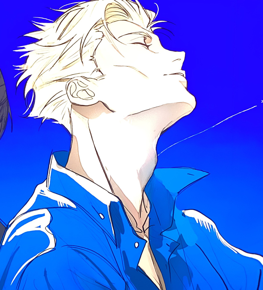 1boy absurdres blonde_hair blue_shirt blue_sky bo_toike57 closed_eyes collared_shirt highres jujutsu_kaisen male_focus nanami_kento parted_lips portrait shirt short_hair sky solo