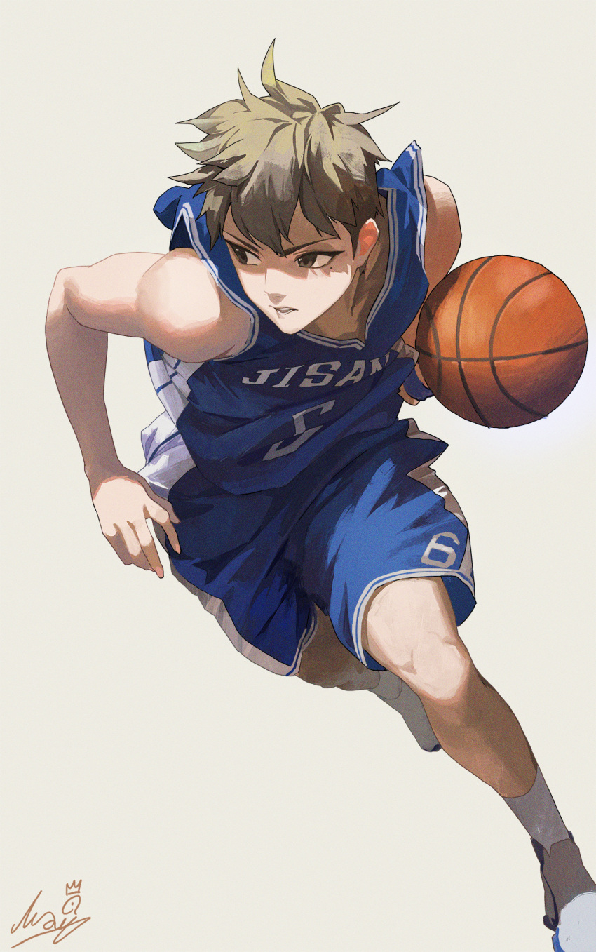 1boy ball basketball basketball_(object) basketball_jersey basketball_uniform brown_eyes brown_hair highres holding holding_ball jersey m.q_(mqkyrie) male_focus mole mole_under_eye original playing_sports running short_hair simple_background solo sportswear white_background