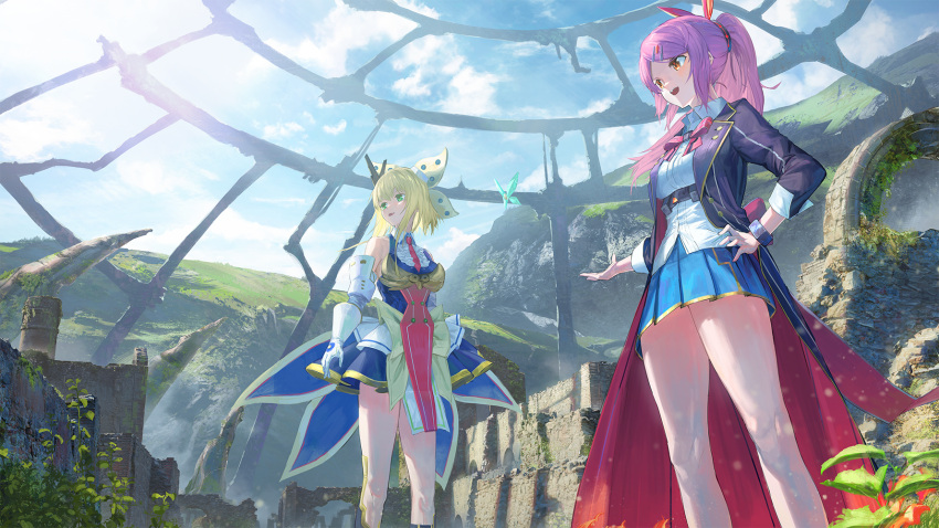2girls bare_shoulders blonde_hair blue_dress blue_skirt blush bow bowtie bracelet character_request cloud collared_shirt commentary_request day dress feet_out_of_frame from_below gloves green_eyes gyoukan_(jfxc) hair_ornament hairclip hand_on_own_hip highres jacket jewelry kamihime_project landscape light_particles long_sleeves looking_at_another miniskirt mountain multiple_girls nature necktie official_art open_mouth outdoors plant pleated_skirt ponytail purple_hair purple_jacket red_bow red_bowtie red_necktie ruins scenery shirt short_hair_with_long_locks skirt sky sleeveless sleeveless_dress smile standing teeth upper_teeth_only white_gloves white_shirt yellow_eyes