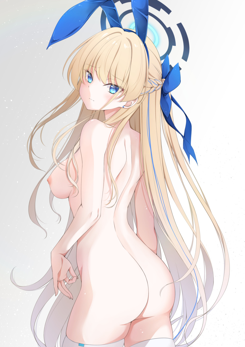 1girl animal_ears ass back blonde_hair blue_archive blue_eyes blue_ribbon blush braid breasts closed_mouth commentary_request completely_nude embarrassed fake_animal_ears from_behind hair_ribbon highres long_hair looking_back medium_breasts nipples nude rabbit_ears ribbon simple_background solo thighhighs toki_(blue_archive) toki_(bunny)_(blue_archive) tomosuke very_long_hair white_thighhighs