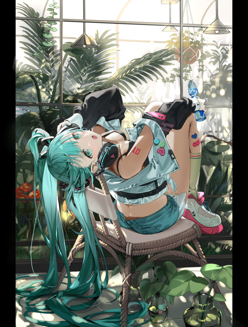 1girl :o aqua_eyes aqua_hair arched_back arm_tattoo bandaid bandaid_on_leg black_bra black_jacket blue_shorts bottle bra breasts chair commentary_request day denim denim_shorts exposed_pocket fern flower green_socks hair_ornament hatsune_miku headphones heart highres holding holding_bottle indoors jacket knees_up long_hair long_sleeves looking_at_viewer medium_breasts mona0101 no_shirt number_tattoo open_clothes open_jacket open_mouth pillarboxed plant ramune shoes shorts sitting sneakers socks solo sunlight tattoo underwear vase very_long_hair vocaloid window