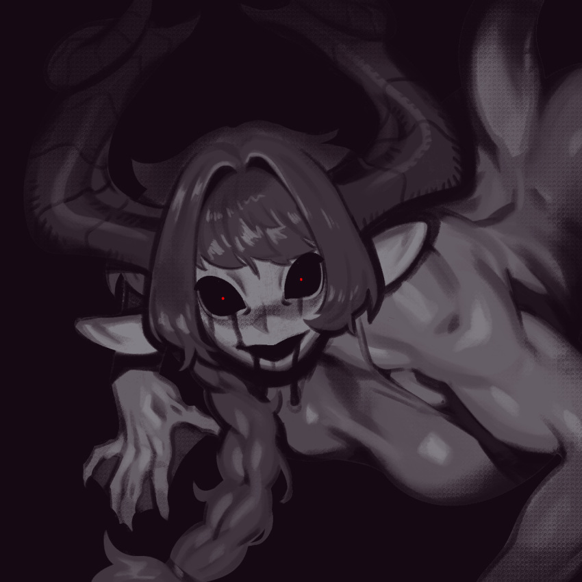 1girl all_fours black_sclera blood blood_from_eyes blood_from_mouth bottomless braid breasts colored_sclera crop_top eigaka greyscale halterneck highres hollow_mouth horns horror_(theme) large_breasts looking_at_viewer monochrome muscular muscular_female original pointy_ears red_eyes side_braid simple_background solo spot_color