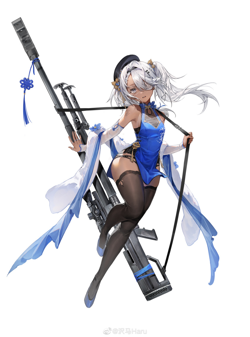 1girl absurdres anti-materiel_rifle arm_tattoo armpits bare_shoulders blue_dress blue_footwear breasts china_dress chinese_clothes dark-skinned_female dark_skin detached_sleeves dress eyepatch feather_boa full_body girls'_frontline grey_eyes gun hair_between_eyes hair_ornament hairband hat highres hs.50_(girls'_frontline) hs.50_(sigh_of_the_waterfront_pine)_(girls'_frontline) jewelry looking_at_viewer multiple_rings official_alternate_costume official_art rifle ring sawamaharu scope simple_background sleeveless sleeveless_dress sling small_breasts sniper_rifle solo steyr_hs_.50 tattoo thighhighs thighs weapon weibo_username white_background white_hair