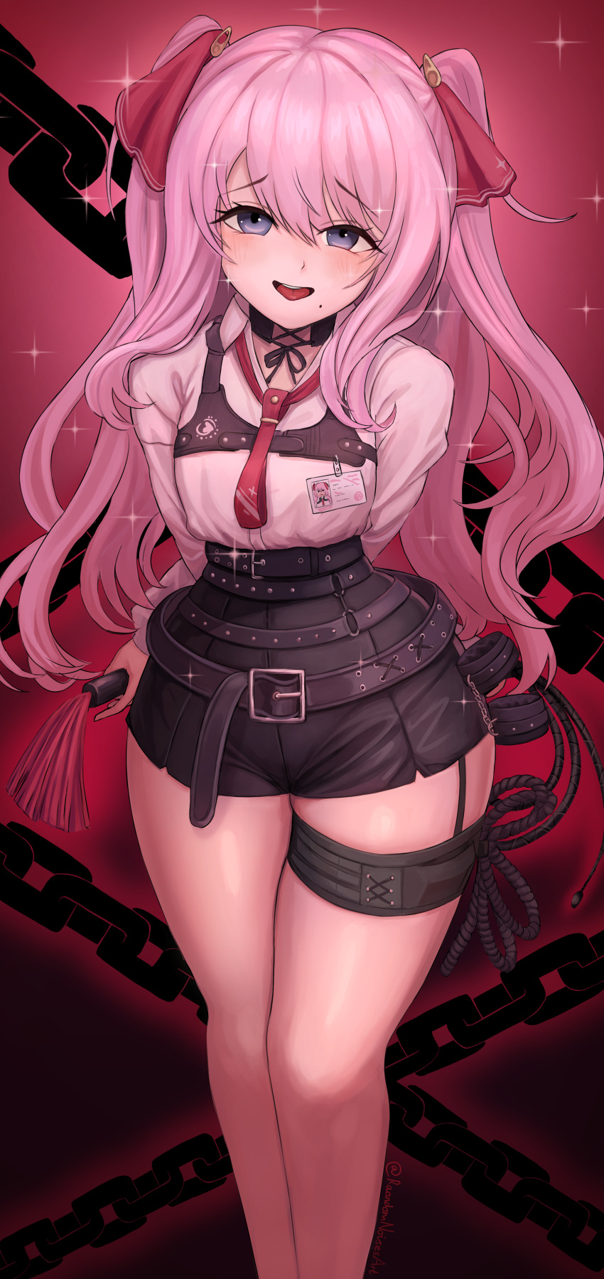 1girl absurdres belt bondage_outfit boots chain duplicate english_commentary flat_chest goddess_of_victory:_nikke highres holding holding_whip mole mole_under_mouth open_mouth pink_hair randomnoisesart solo thick_thighs thighs tongue tongue_out twintails whip yuni_(nikke)