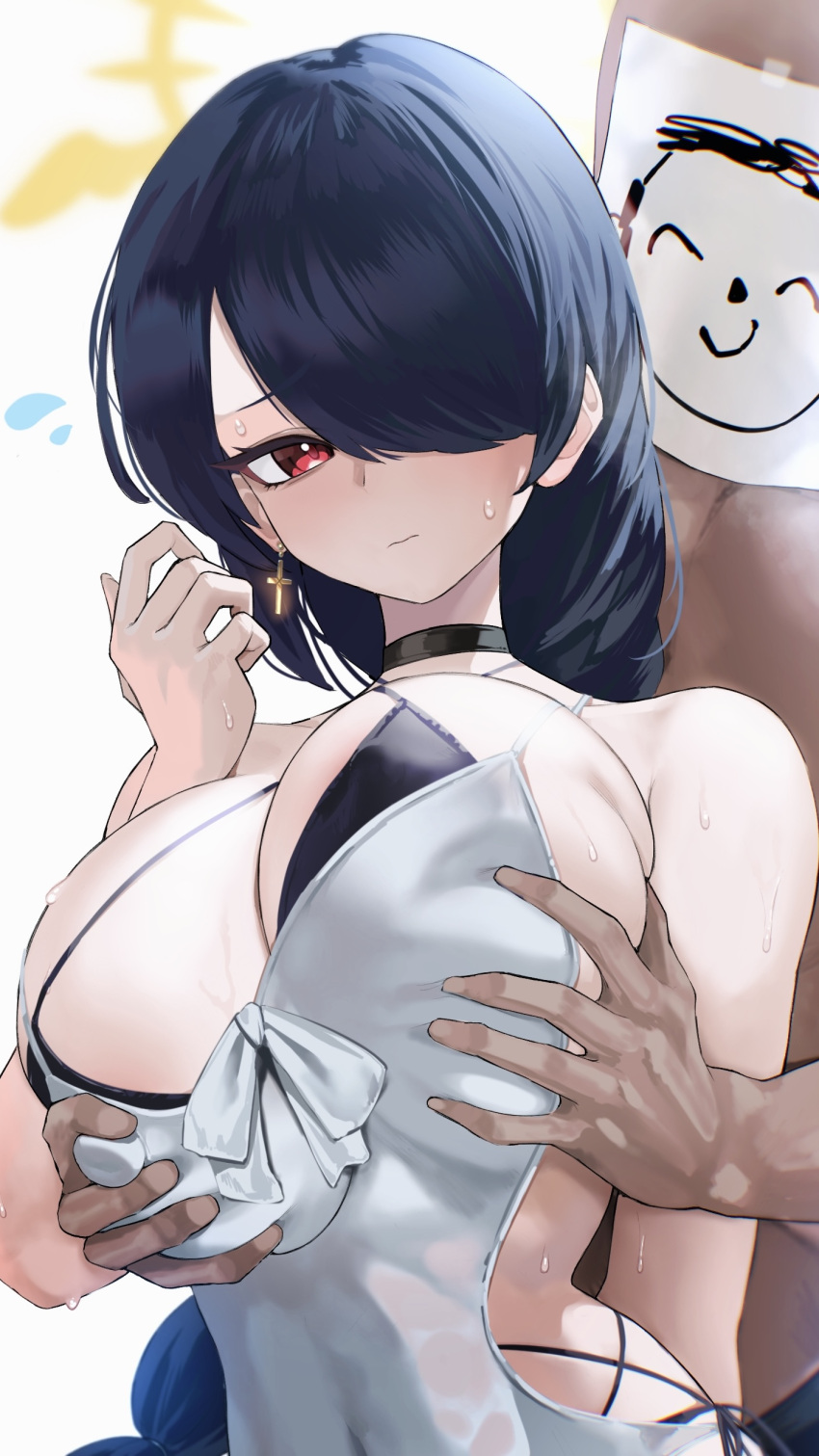 1boy 1girl absurdres arona's_sensei_doodle_(blue_archive) bare_shoulders black_hair blue_archive blush braid braided_ponytail breasts choker cleavage covered_navel earrings grabbing grabbing_another's_breast hair_over_one_eye halo highres hinata_(blue_archive) hinata_(swimsuit)_(blue_archive) jewelry kazane-wind large_breasts long_hair one-piece_swimsuit red_eyes sensei_(blue_archive) sideboob swept_bangs swimsuit unaligned_breasts wet white_one-piece_swimsuit