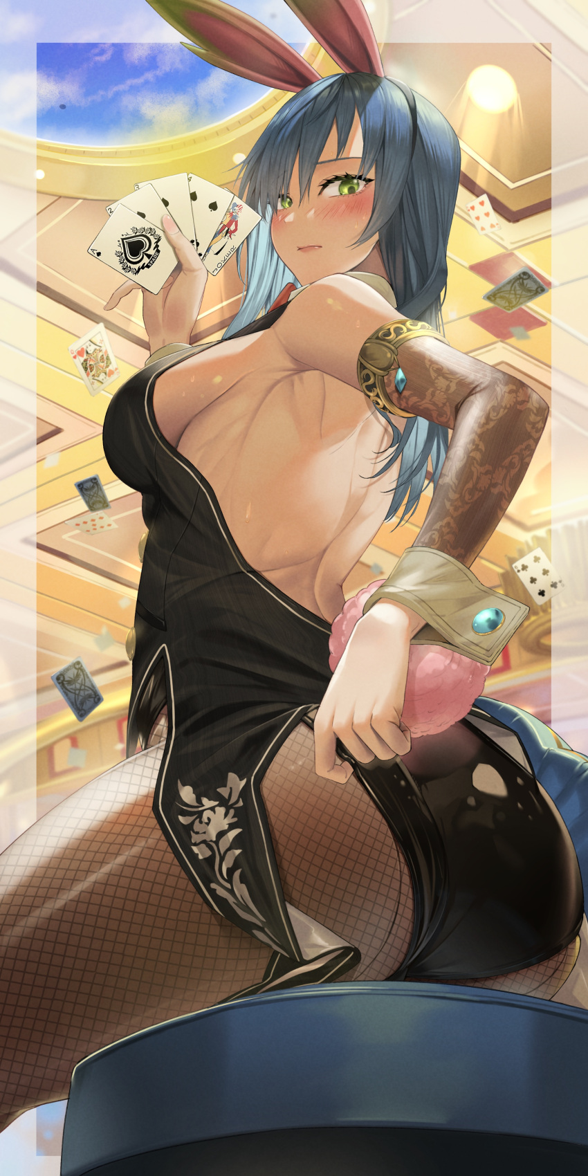 1girl absurdres animal_ears ass blue_hair breasts closed_mouth detached_collar fake_animal_ears fishnet_pantyhose fishnets green_eyes highres leotard long_hair looking_at_viewer maria_traydor pantyhose playboy_bunny rabbit_ears rabbit_tail revision sayaka_ikku sideboob sitting solo star_ocean star_ocean_anamnesis star_ocean_till_the_end_of_time tail wrist_cuffs