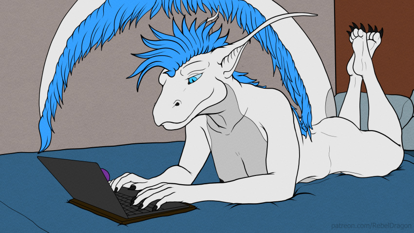anthro areola areola_slip bed bedroom breasts butt chilling christa_(rebeldragon101) claws computer dragon feet female furniture hi_res laptop nude paws peeking_nipple rebeldragon101 sex_toy tail