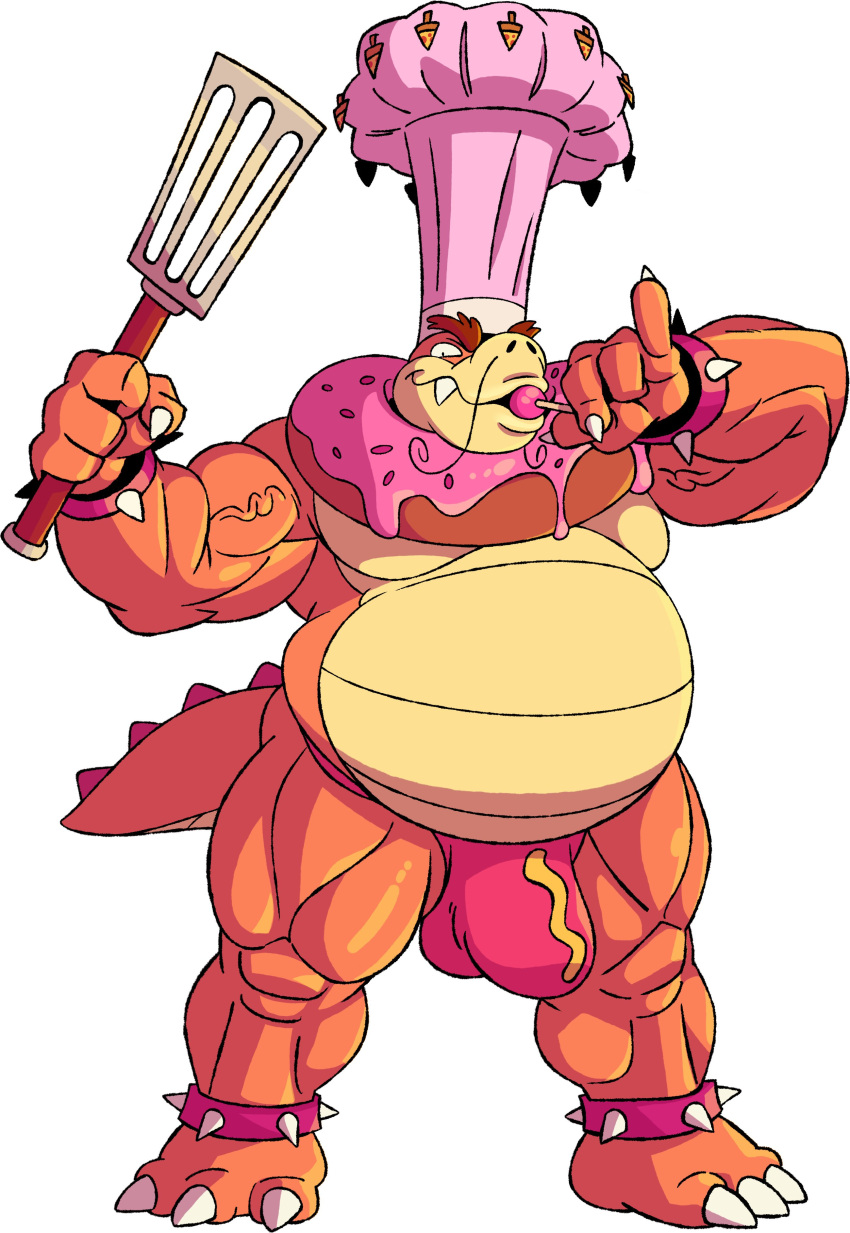 absurd_res anthro belly big_bulge bulge candy chef_hat clothing dessert food gula_(kings_of_hell) hat headgear headwear hi_res kings_of_hell lollipop male musclegut muscular_arms muscular_legs pecs scalie solo spatula tderek99 thong tools underwear