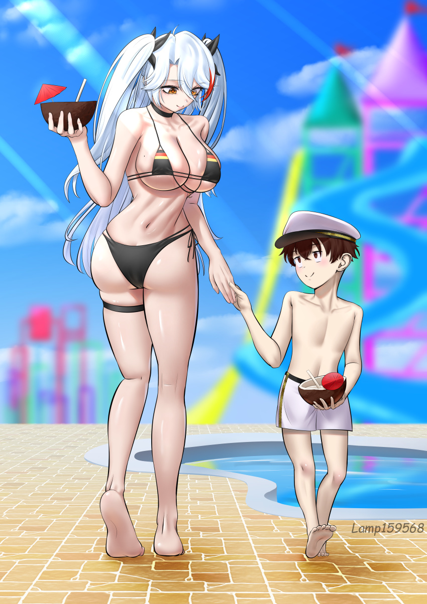 1boy 1girl absurdres age_difference anatomical_nonsense antenna_hair artist_name ass azur_lane bare_shoulders barefoot bikini black_bikini black_choker blue_sky blurry blurry_background breasts brown_eyes brown_hair choker cleavage closed_mouth cloud collarbone commander_(azur_lane) commentary commission cup day flag_print full_body furui_o_(lamp159568) german_flag_bikini hair_between_eyes hair_ribbon hat highres holding holding_cup holding_hands large_breasts light_rays little_boy_commander_(azur_lane) long_hair looking_at_another male_swimwear military_hat mole mole_on_breast multicolored_hair navel official_alternate_costume onee-shota outdoors peaked_cap pixiv_commission pool poolside prinz_eugen_(azur_lane) prinz_eugen_(unfading_smile)_(azur_lane) red_hair ribbon shadow short_hair shorts side-tie_bikini_bottom sidelocks skindentation sky smile stomach streaked_hair sunbeam sunlight swim_trunks swimsuit thigh_strap two_side_up underboob walking white_hair white_headwear white_shorts