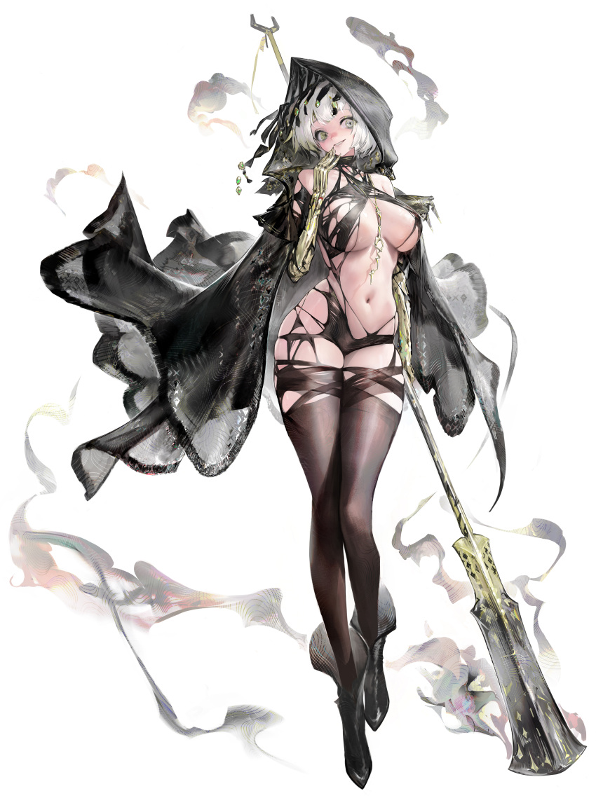 1girl absurdres agoto black_cloak black_footwear black_thighhighs boots breasts cloak floating_cloak full_body hand_to_own_mouth highres holding holding_polearm holding_weapon large_breasts mechanical_arms navel necromancer original polearm revealing_clothes short_hair smile solo stomach thighhighs weapon white_background white_hair yellow_eyes