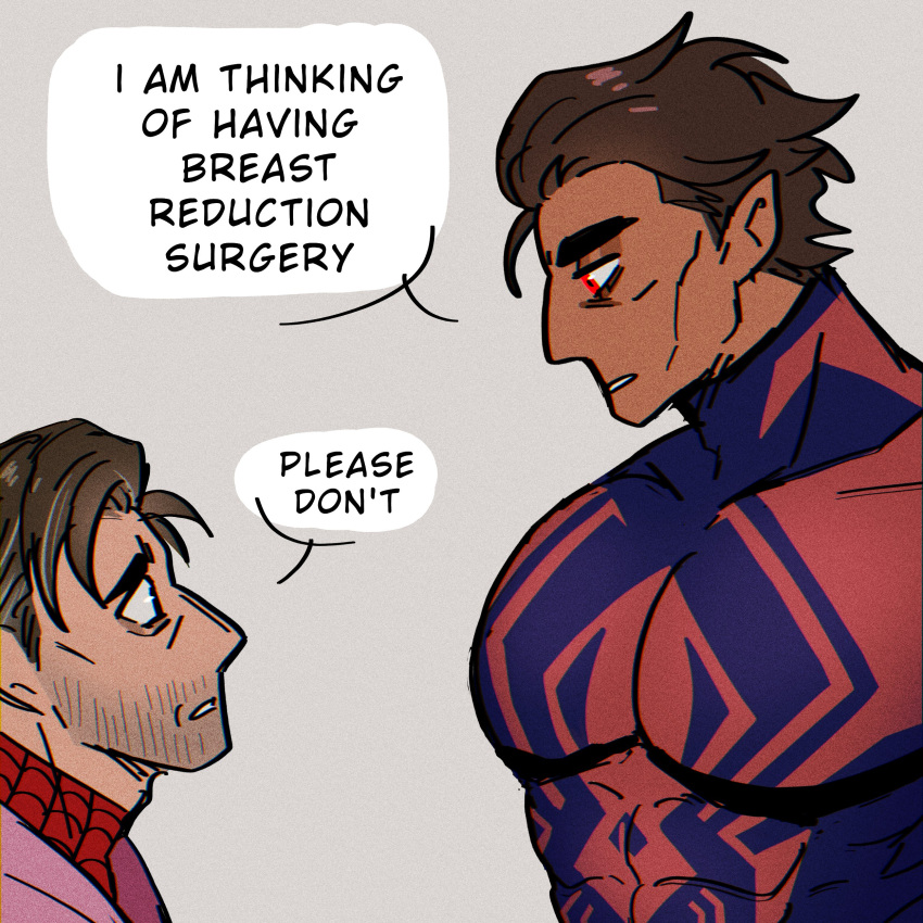 2boys absurdres bara beard_stubble blue_bodysuit bodysuit breast_reduction_surgery_(meme) brown_hair covered_abs dark-skinned_male dark_skin english_text from_side furrowed_brow highres large_pectorals looking_at_pectorals male_focus marvel mature_male meme miguel_o'hara multiple_boys muscular muscular_male nakariiale pectorals peter_b_parker print_bodysuit red_bodysuit short_hair skin_tight spider-man:_across_the_spider-verse spider-man_(2099) spider-man_(series) thick_eyebrows two-tone_bodysuit upper_body yaoi