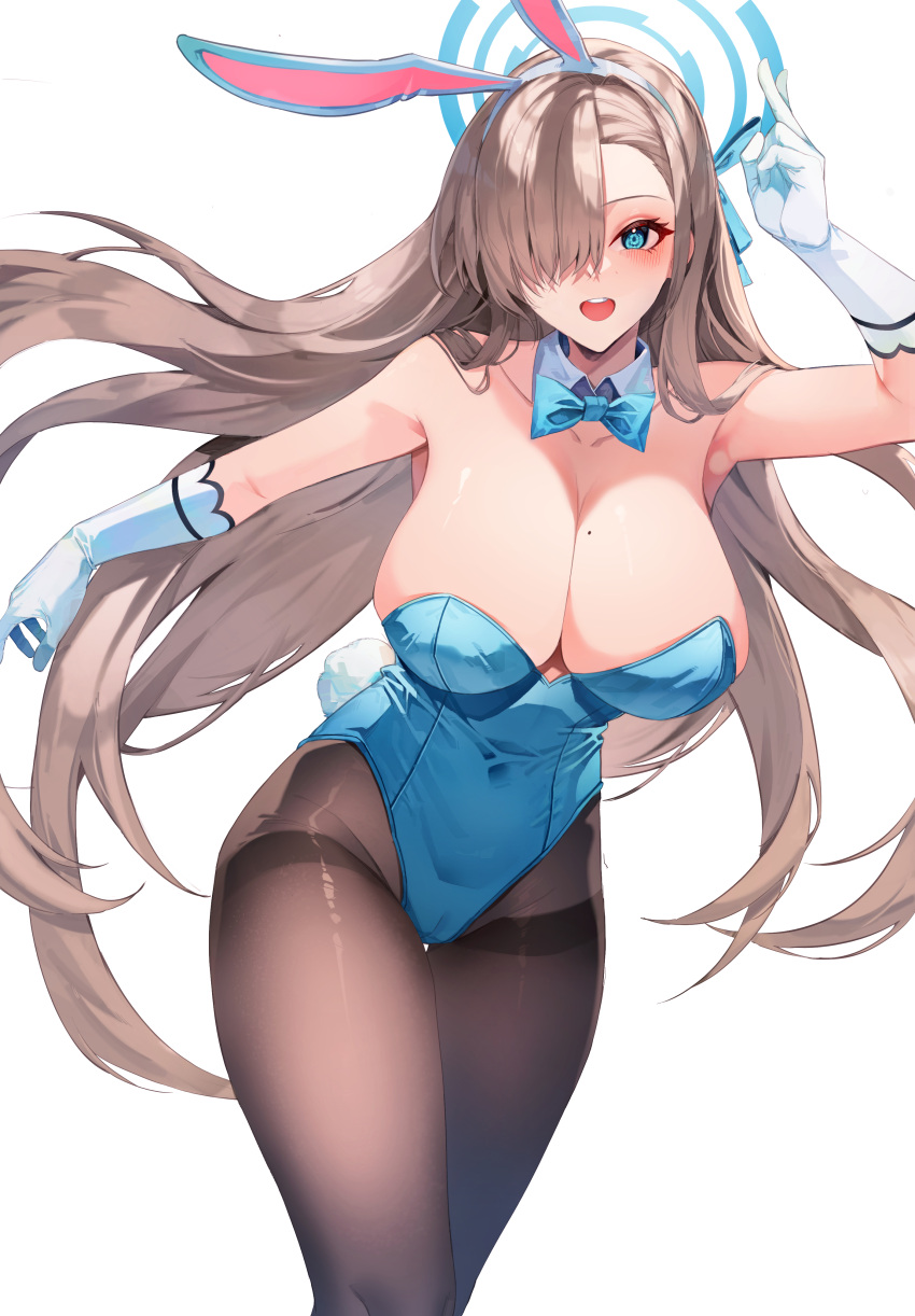 1girl absurdres animal_ears aqua_leotard asuna_(blue_archive) asuna_(bunny)_(blue_archive) blue_archive blue_bow blue_bowtie blue_eyes bow bowtie breasts cleavage covered_navel detached_collar fake_animal_ears gloves hair_over_one_eye highleg highleg_leotard highres hiya_(lww3257) large_breasts leotard light_brown_hair long_hair looking_at_viewer mole mole_on_breast official_alternate_costume pantyhose playboy_bunny rabbit_ears smile solo strapless strapless_leotard thighband_pantyhose traditional_bowtie white_background white_gloves