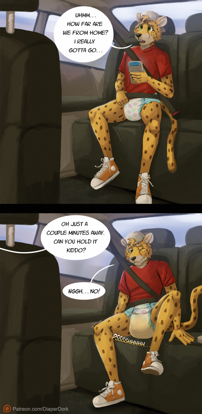 absurd_res anthro bodily_fluids car cheetah clothed clothing comic dialogue diaper diaperdork digital_media_(artwork) english_text felid feline genital_fluids hi_res male mammal offscreen_character peeing solo text urine vehicle watersports wet_diaper wetting
