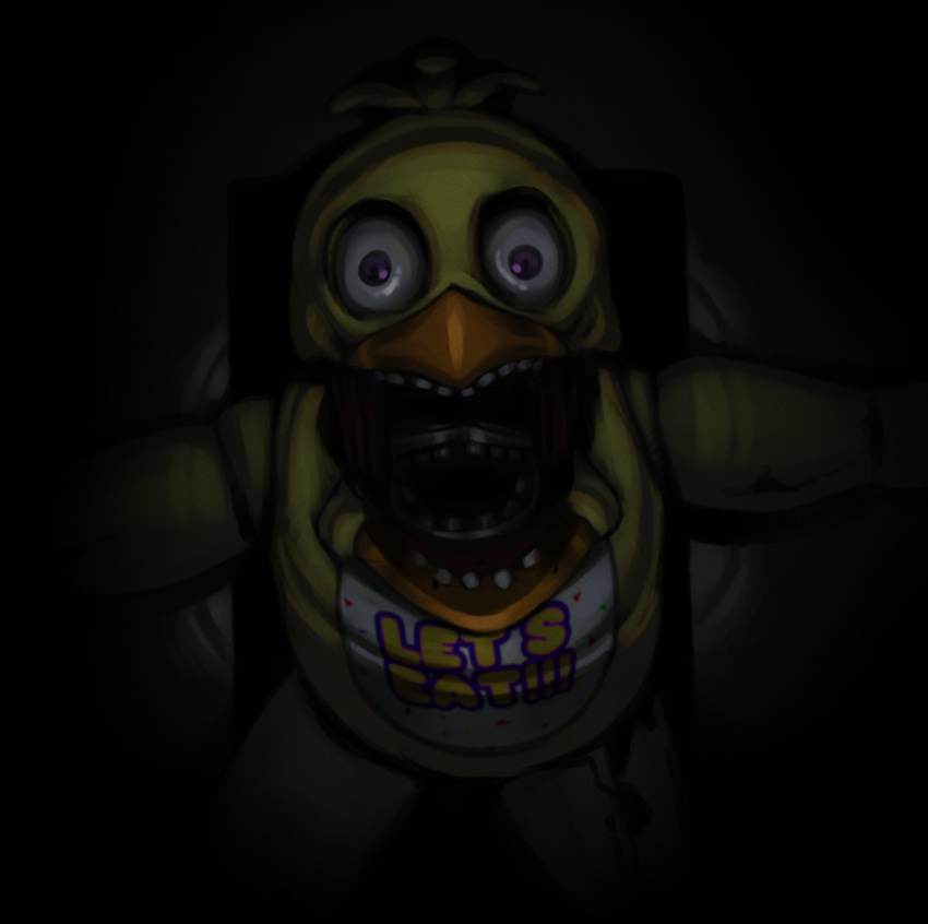 animatronic anthro avian beak bib bird black_pupils blonde_hair chica_(fnaf) chicken chipchell endoskeleton english_text female five_nights_at_freddy's five_nights_at_freddy's_2 galliform gallus_(genus) gaping_mouth hair head_tuft looking_at_viewer machine nightmare_fuel open_mouth orange_beak phasianid pupils purple_eyes robot scary scottgames solo spread_arms teeth teeth_showing text tuft withered withered_chica_(fnaf) yellow_body