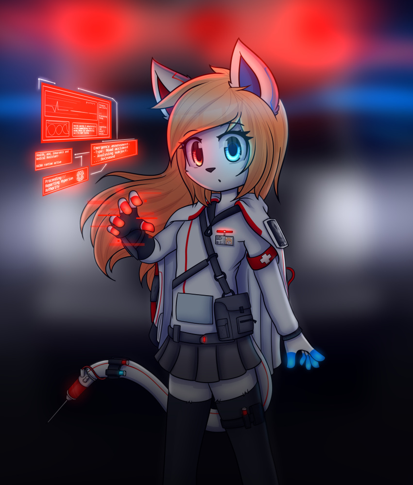absurd_res ambulance android anthro bottomwear clothing doctor dream_mirage female heterochromia hi_res machine medic nurse robot science_fiction skirt solo story teenager text unknown_species young