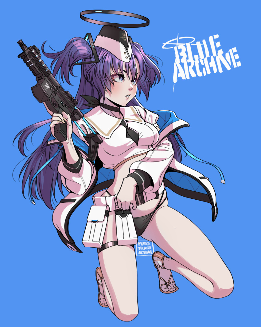 1girl absurdres artist_name ascot belt black_ascot black_choker black_halo black_headwear black_panties blue_archive blue_eyes choker coat copyright_name crop_top eyelashes gun halo highres holding holding_gun holding_weapon long_hair long_sleeves panties purple_hair puto_trash sandals shirt thigh_strap underwear weapon white_coat white_shirt yamashita_shun'ya_(style) yuuka_(blue_archive)